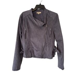 Democracy Womens Faux Suede Perforated Asymmetrical Zip Moto Jacket Grey Large